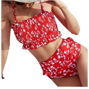 Women's Swimsuit Red /White Floral Ruffle Accent Bikini Top And High Bottom Sz M